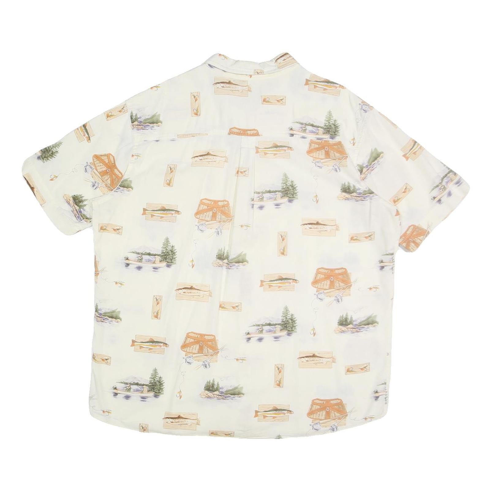 WOOLRICH Mens Cream Fishing Print Cotton Shirt L Button Down Casual