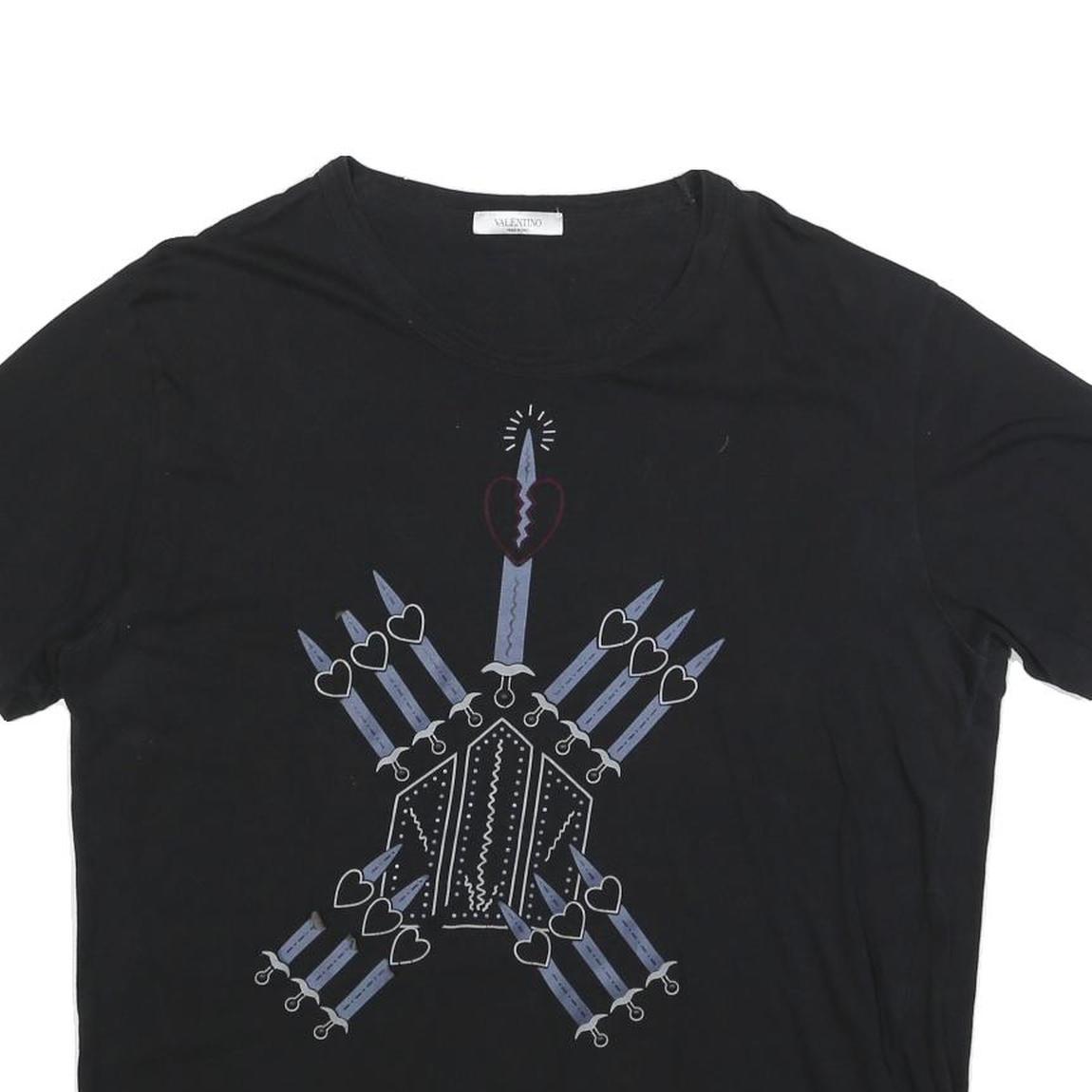 VALENTINO Mens Black Graphic T-Shirt L Short Sleeve Crew Neck Designer Cotton