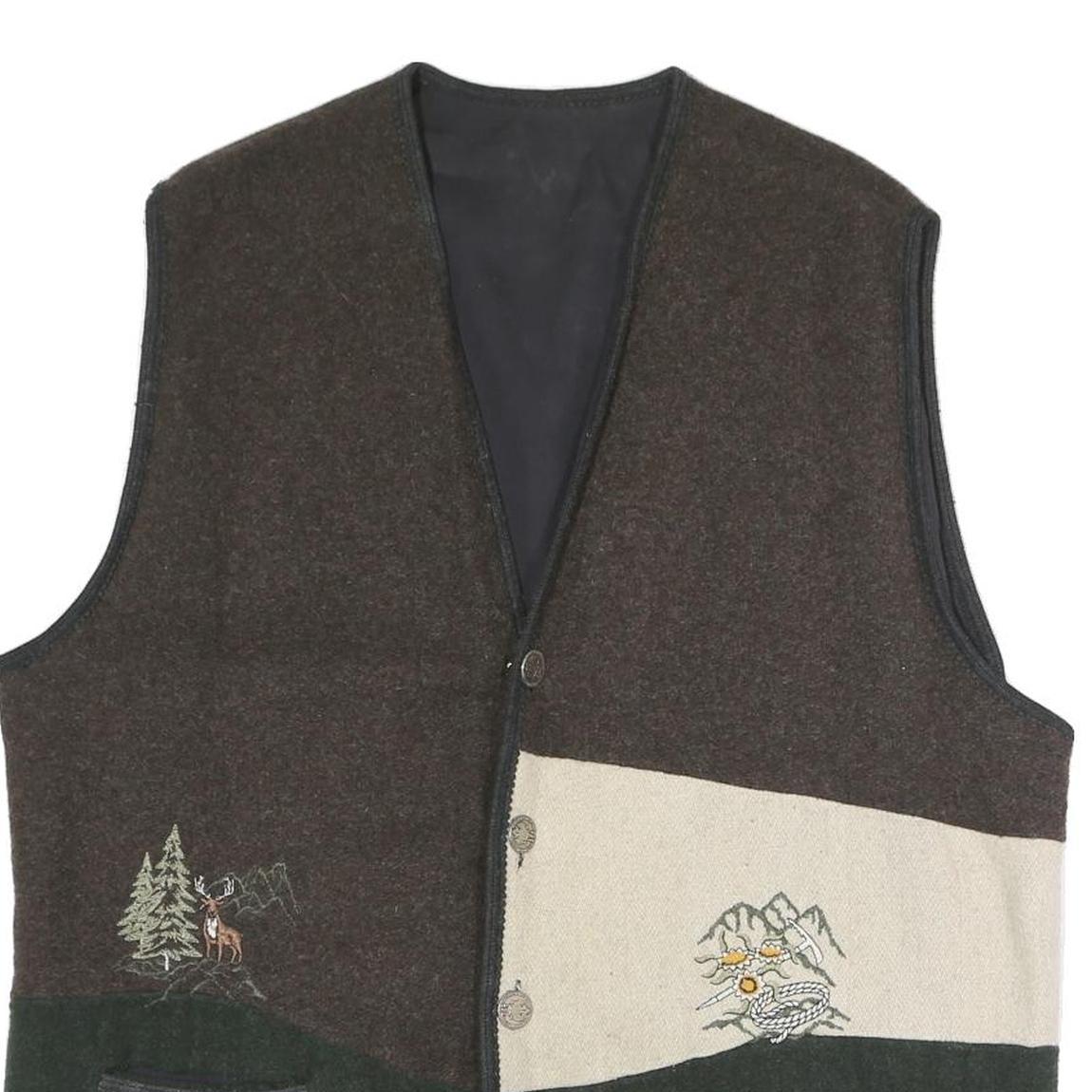 Mens Brown Green & Cream Button Jacket XL Polyester Blend Plain Embroidered