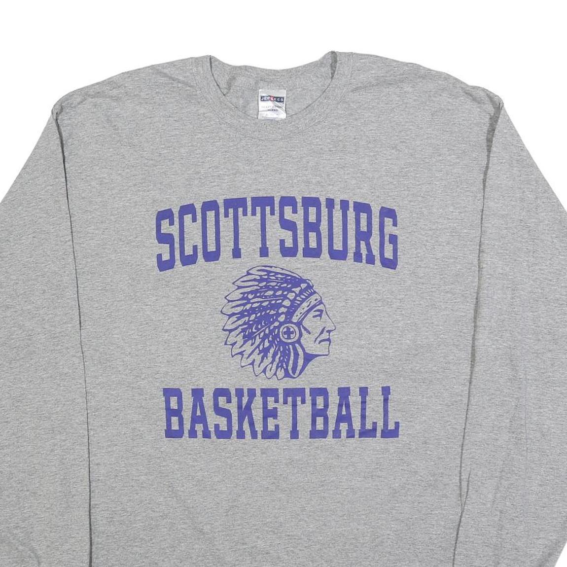 JERZEES Mens Grey Basketball Graphic T-Shirt XL Long Sleeve Crew Neck