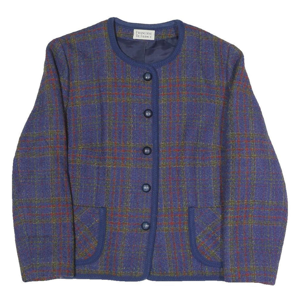 FRANCOISE DE FRANCE Womens Blue Check Button Jacket L Polyester Blend Classic