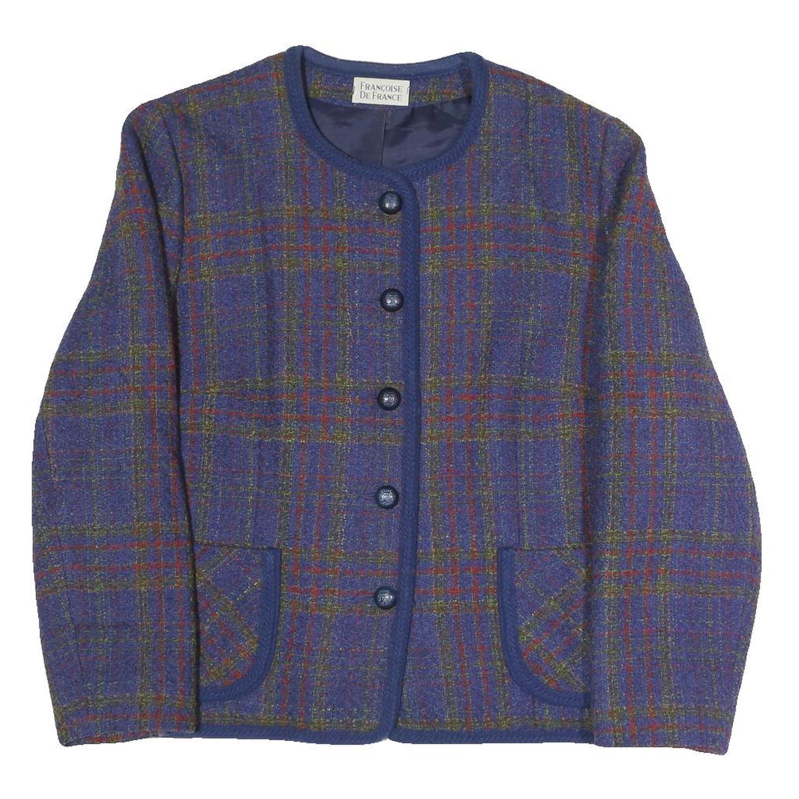 FRANCOISE DE FRANCE Womens Blue Check Button Jacket L Polyester Blend Classic