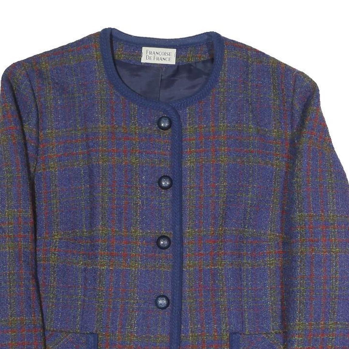 FRANCOISE DE FRANCE Womens Blue Check Button Jacket L Polyester Blend Classic
