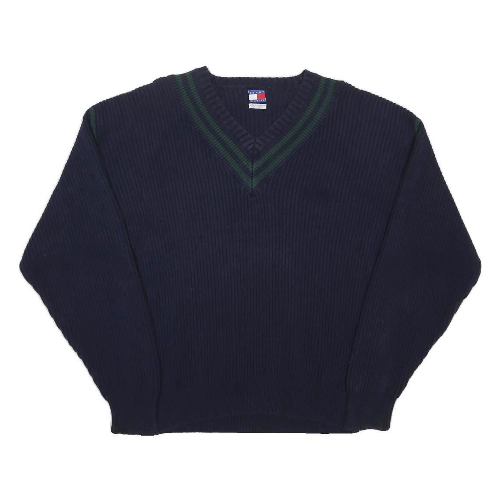 TOMMY HILFIGER Mens Navy Blue Green Striped Patterned V-Neck Cable Knit L Jumper