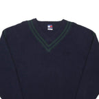 TOMMY HILFIGER Mens Navy Blue Green Striped Patterned V-Neck Cable Knit L Jumper