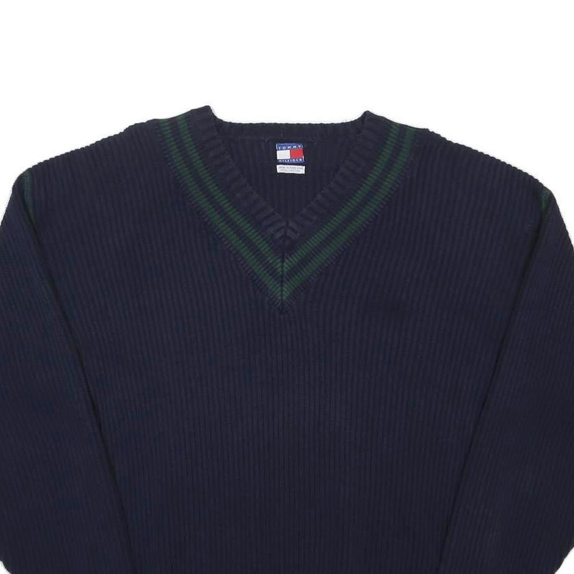 TOMMY HILFIGER Mens Navy Blue Green Striped Patterned V-Neck Cable Knit L Jumper