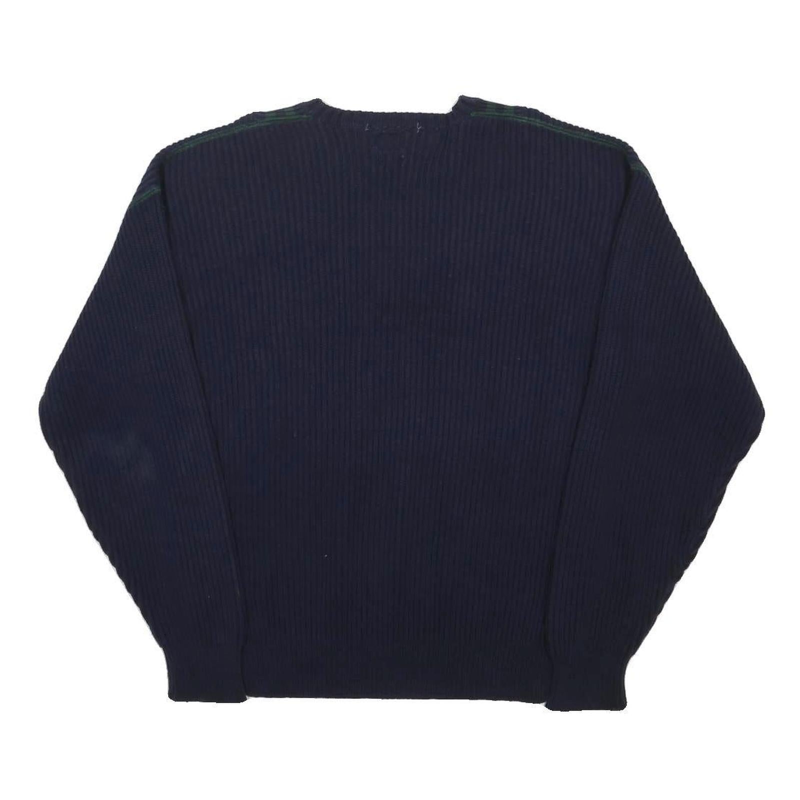 TOMMY HILFIGER Mens Navy Blue Green Striped Patterned V-Neck Cable Knit L Jumper