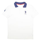 USPA Mens White & Navy Polo Shirt L Cotton Blend Short Sleeve Classic