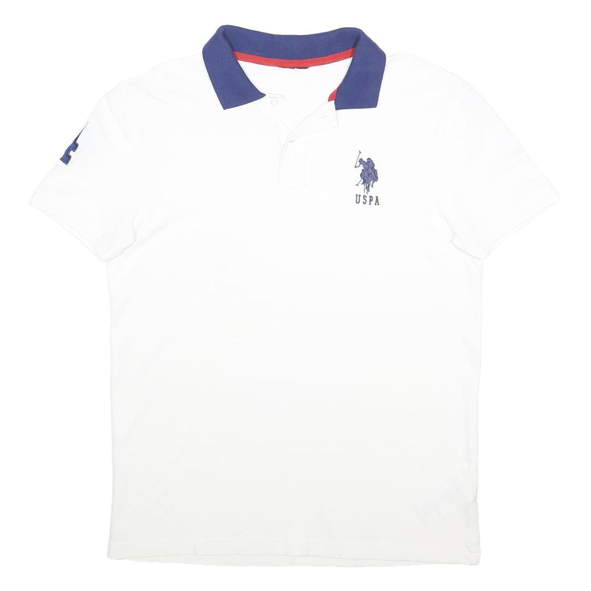 USPA Mens White & Navy Polo Shirt L Cotton Blend Short Sleeve Classic