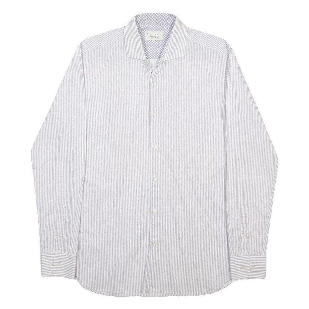 TED BAKER Mens White & Grey Stripe Shirt M Classic Fit Button Down Collar