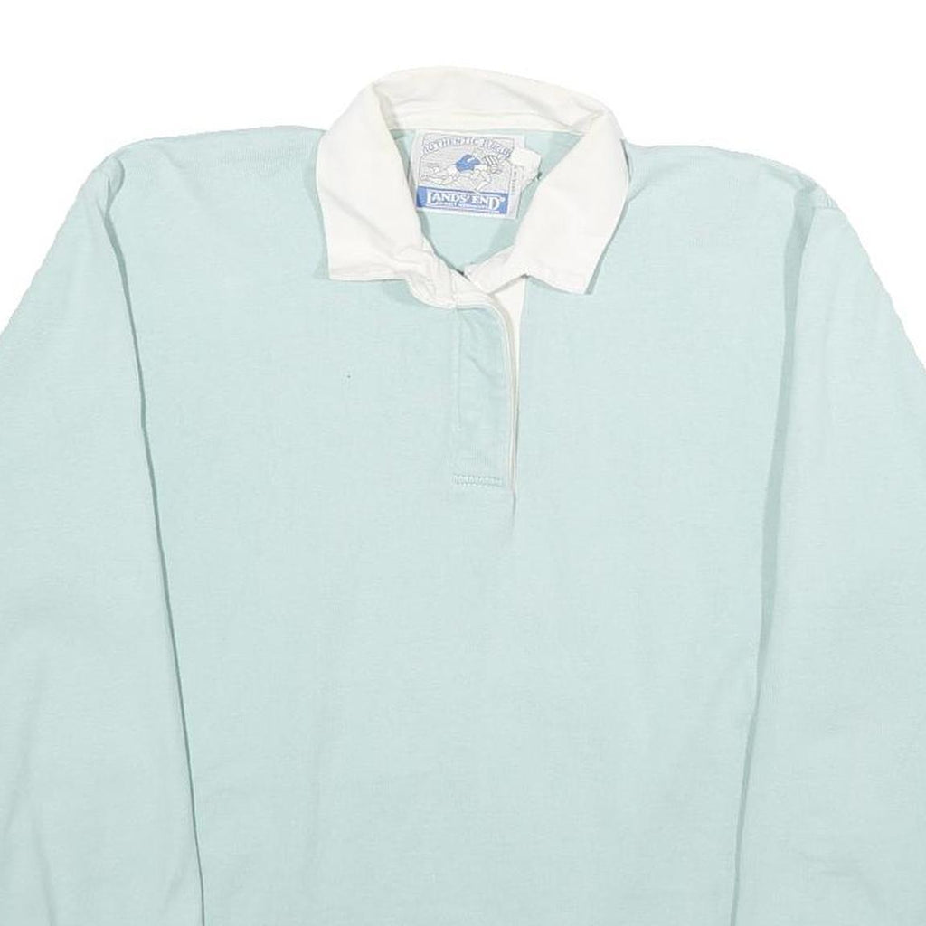 LAND'S END Womens Pale Blue & White Long Sleeve Plain M Cotton Polo Shirt