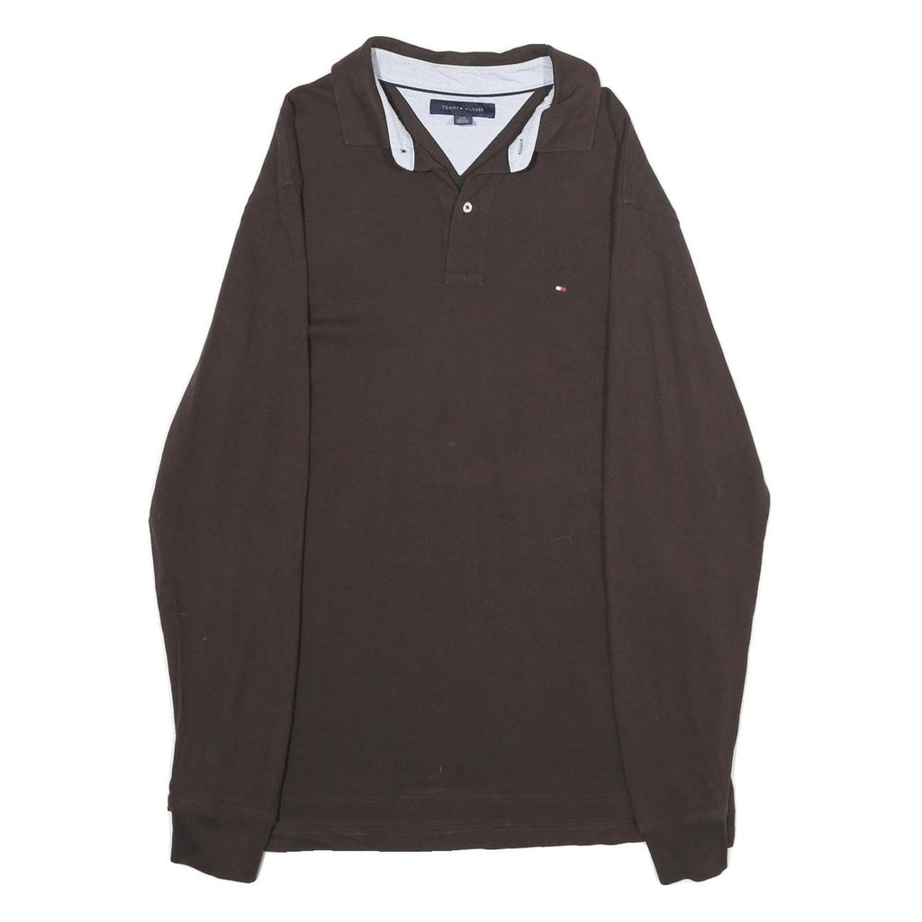 TOMMY HILFIGER Mens Brown Long Sleeve Plain L Logo Cotton Polo Shirt