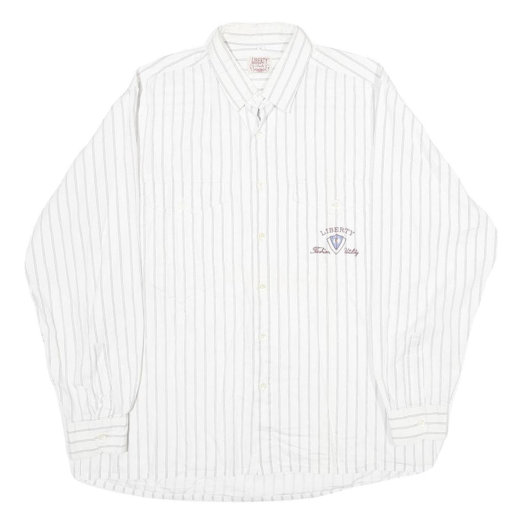 LIBERTY Mens White & Grey Striped Cotton Shirt L Button Front Casual Long Sleeve