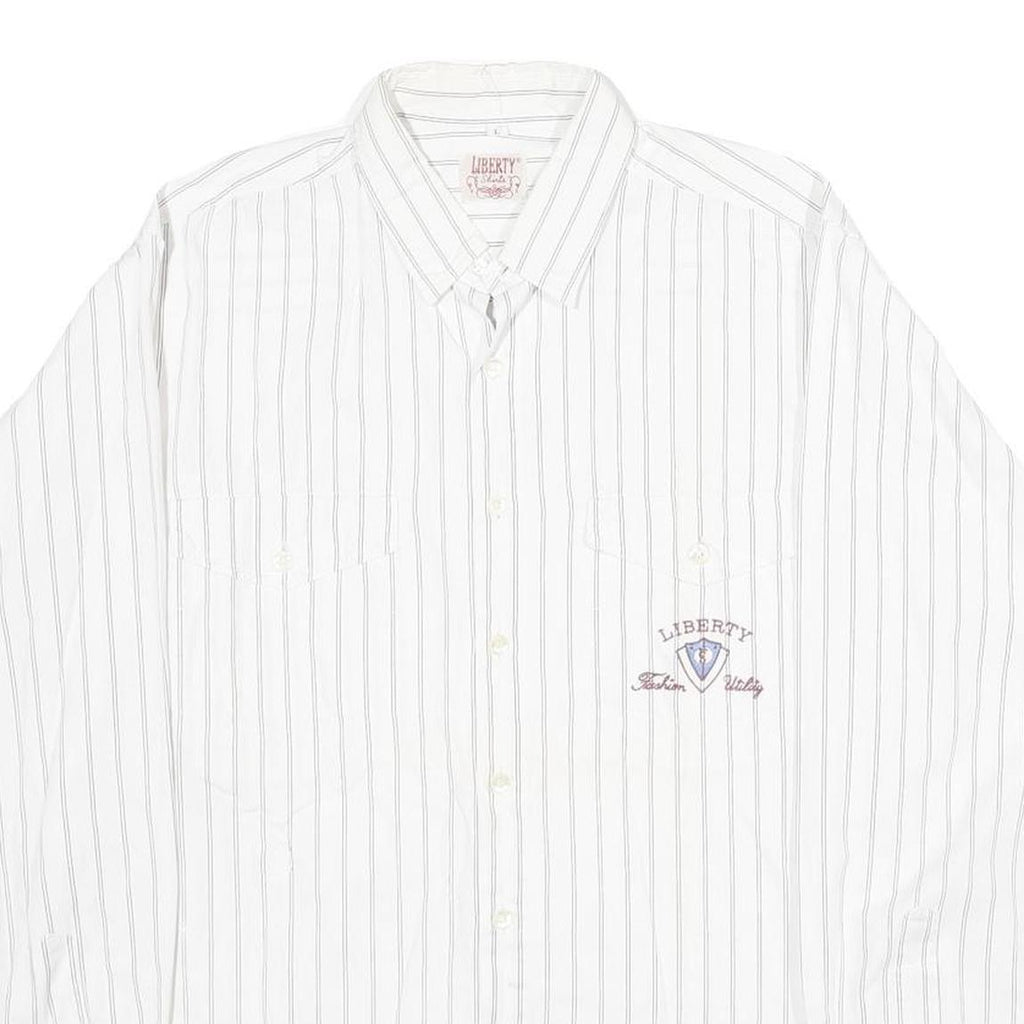 LIBERTY Mens White & Grey Striped Cotton Shirt L Button Front Casual Long Sleeve