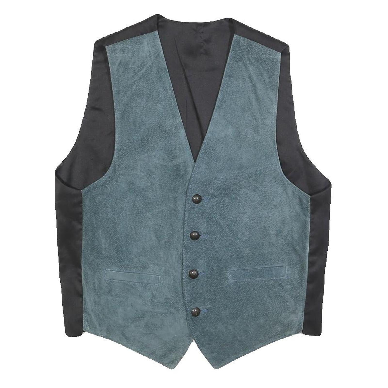 Mens Blue Leather Button Jacket M Suede Waistcoat Style Classic Fit
