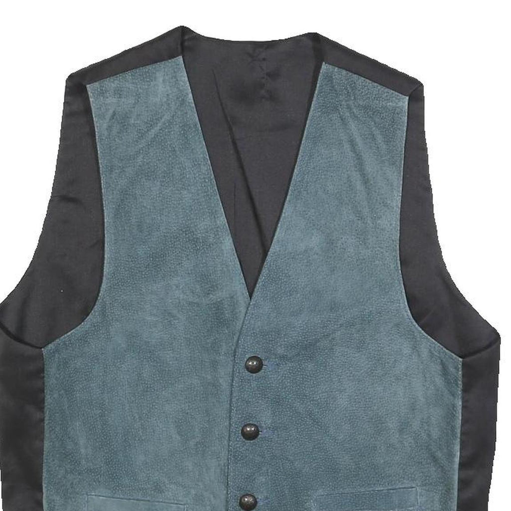 Mens Blue Leather Button Jacket M Suede Waistcoat Style Classic Fit