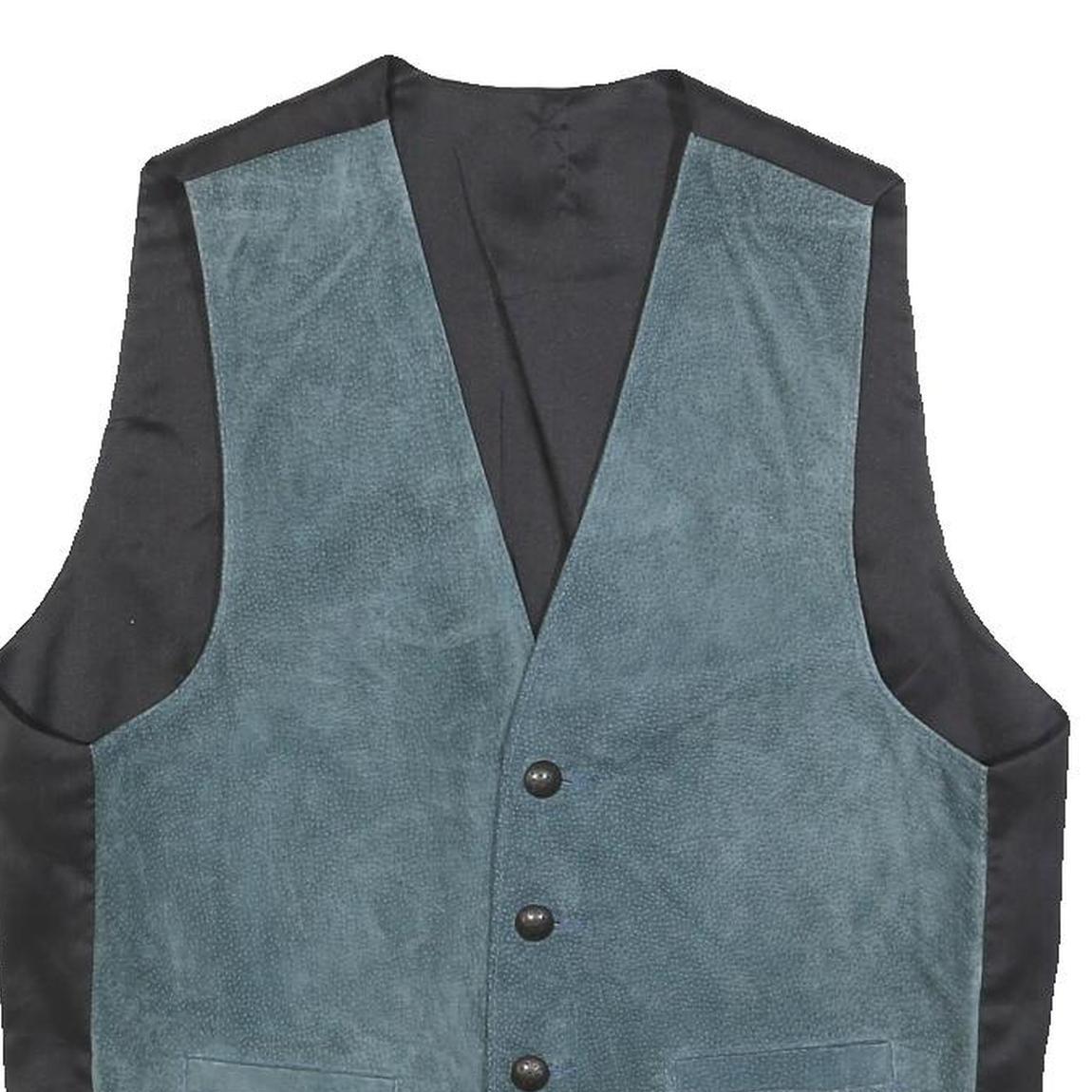 Mens Blue Leather Button Jacket M Suede Waistcoat Style Classic Fit
