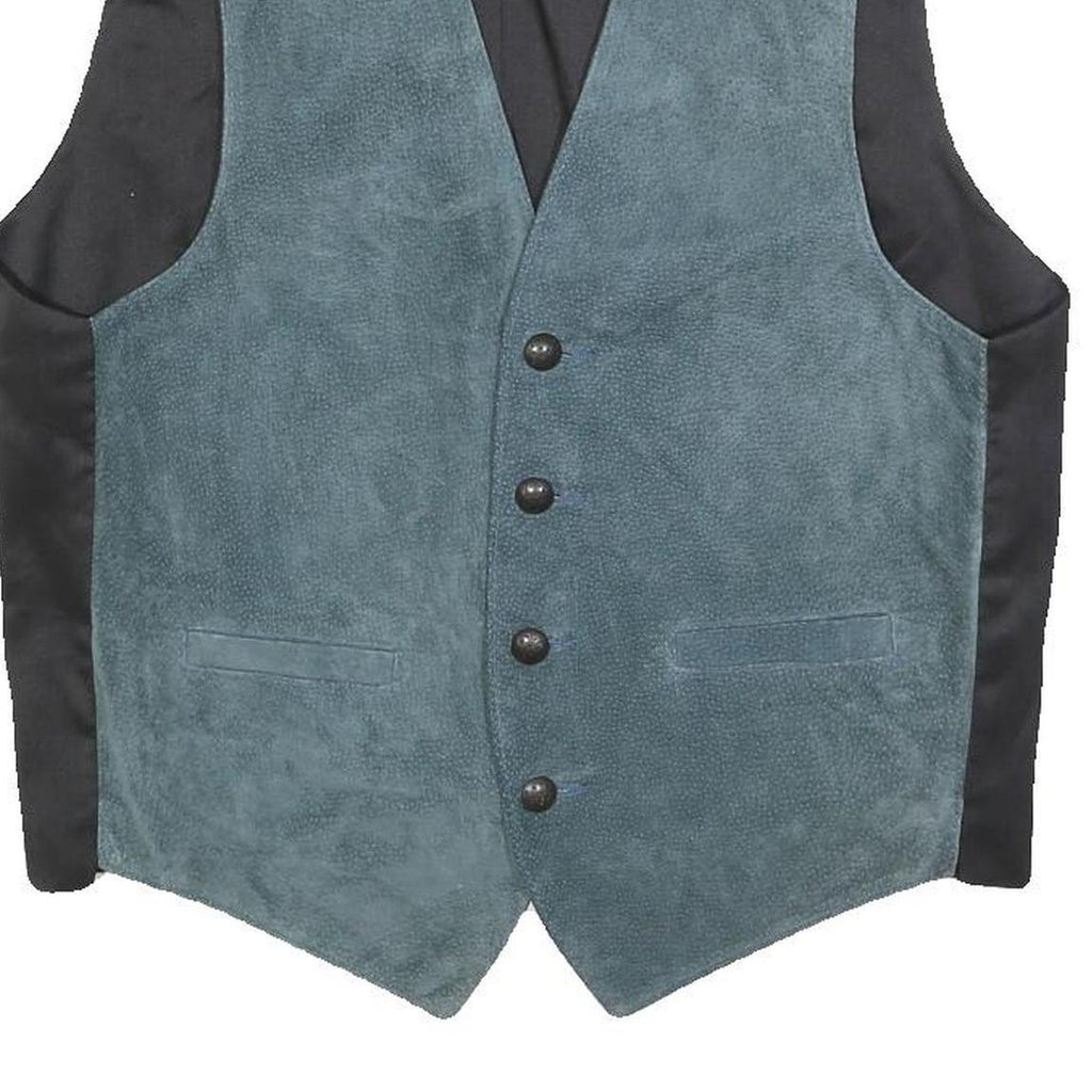 Mens Blue Leather Button Jacket M Suede Waistcoat Style Classic Fit