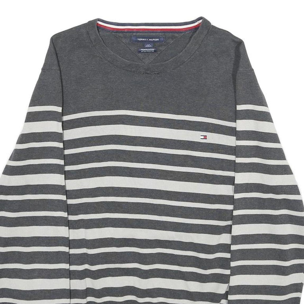 TOMMY HILFIGER Mens Grey & White Patterned Cotton Jumper Crew Neck M Striped