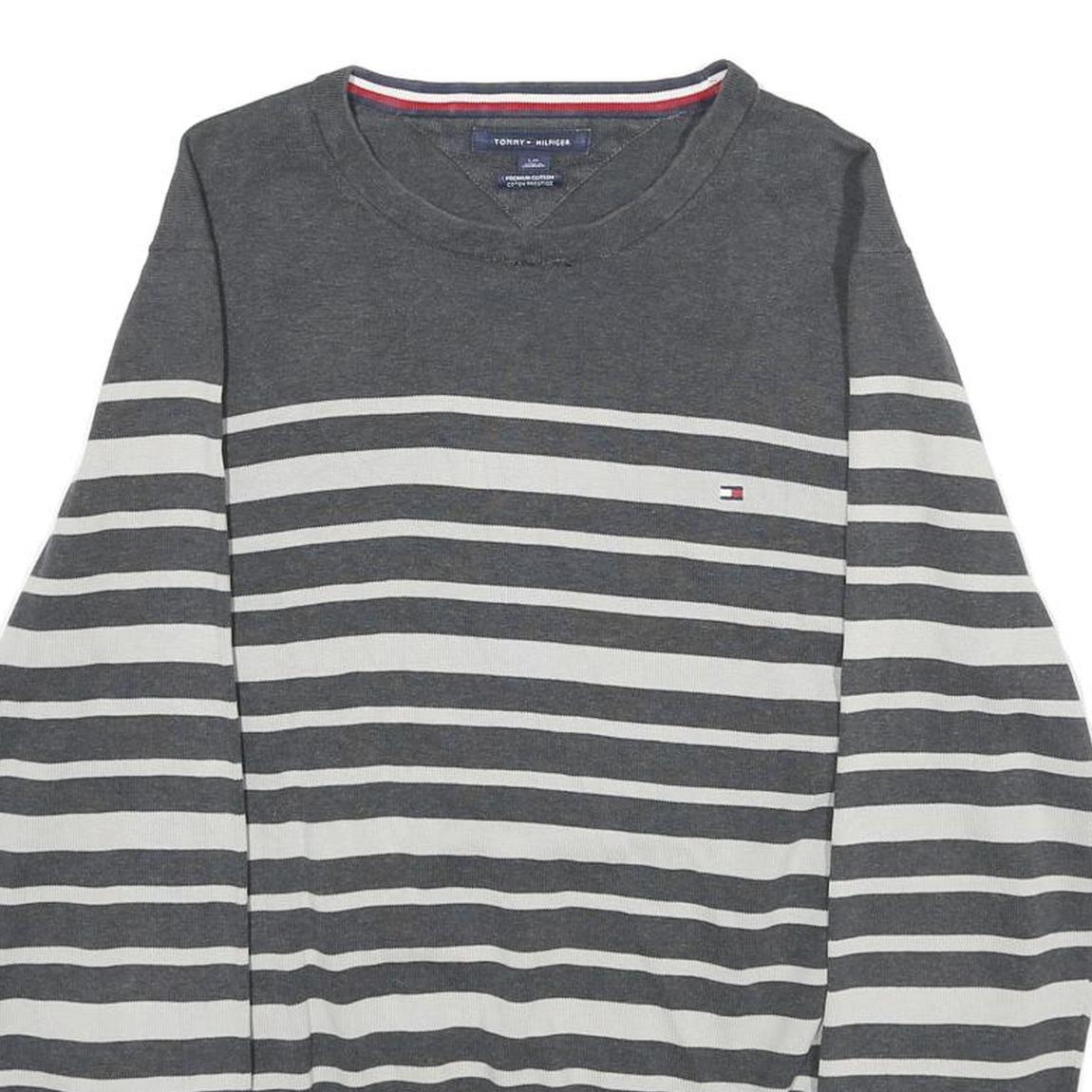TOMMY HILFIGER Mens Grey & White Patterned Cotton Jumper Crew Neck M Striped