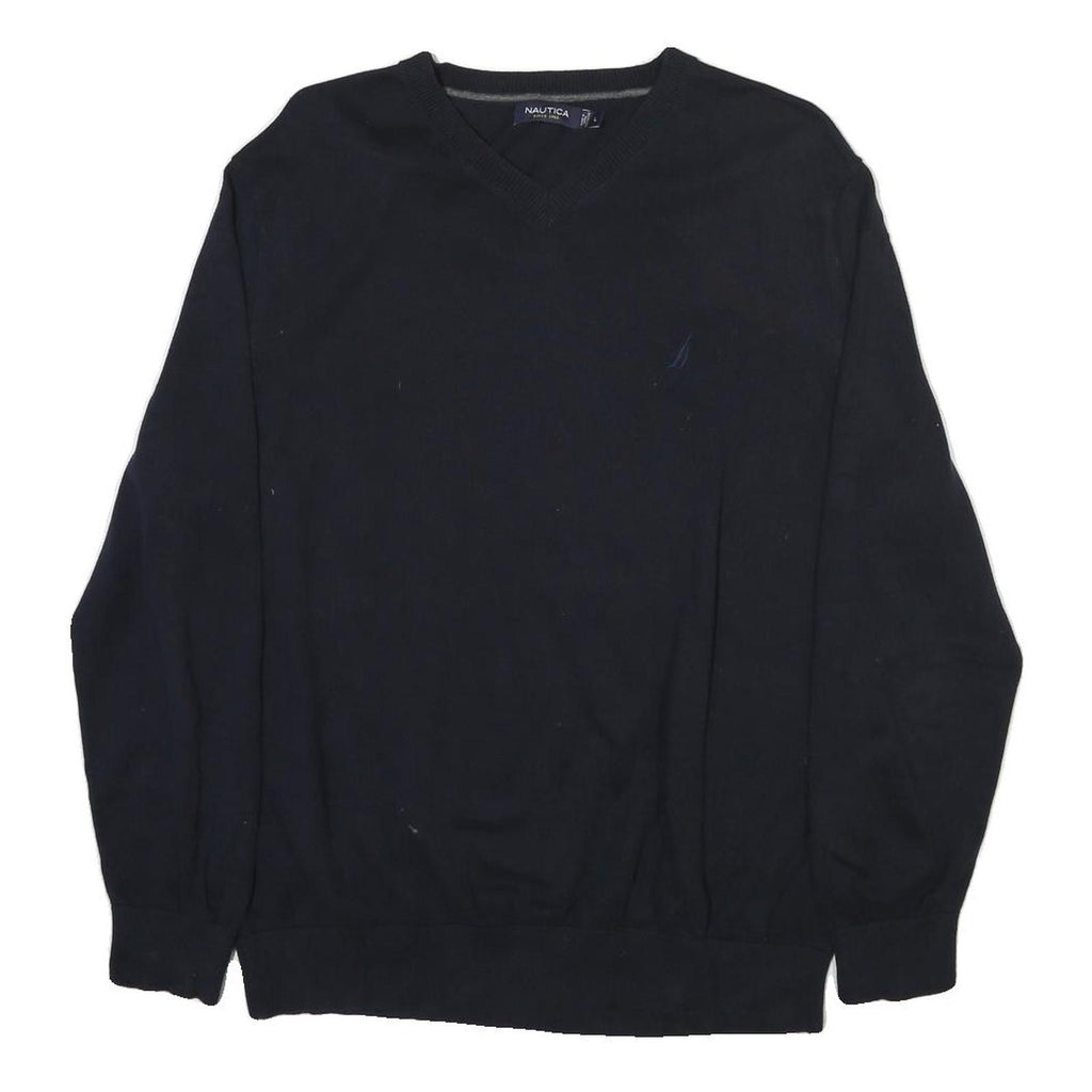 NAUTICA Mens Navy Plain Cotton Blend Jumper V Neck Basic Knit L Crew Neck Casual