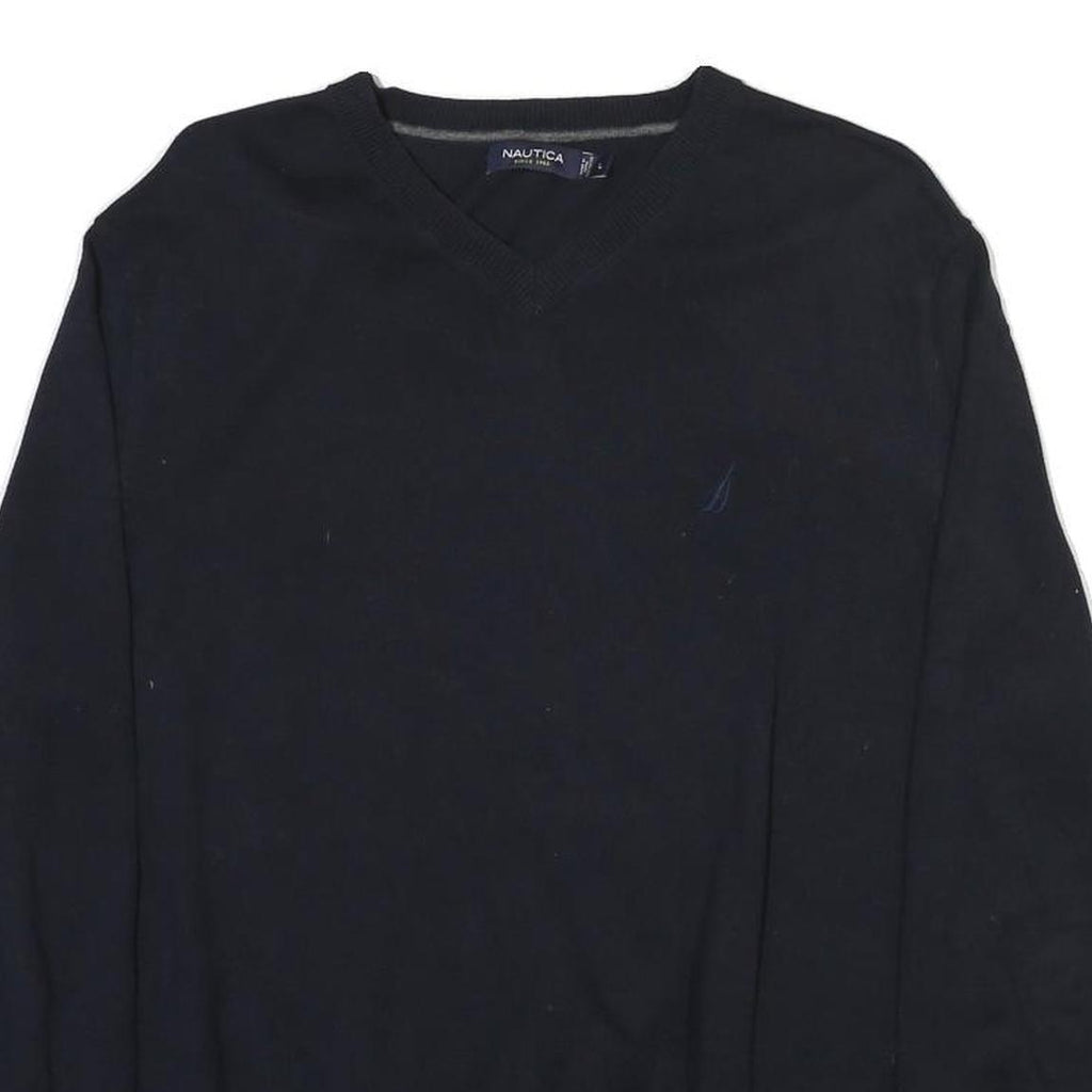 NAUTICA Mens Navy Plain Cotton Blend Jumper V Neck Basic Knit L Crew Neck Casual
