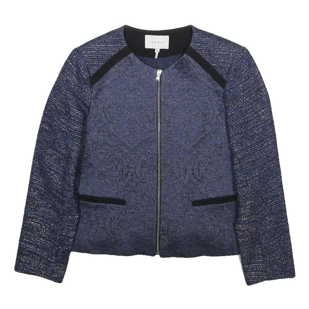 SANDRO Womens Blue Wool Blend Zip Jacket S Jacquard Pattern Elegant Style