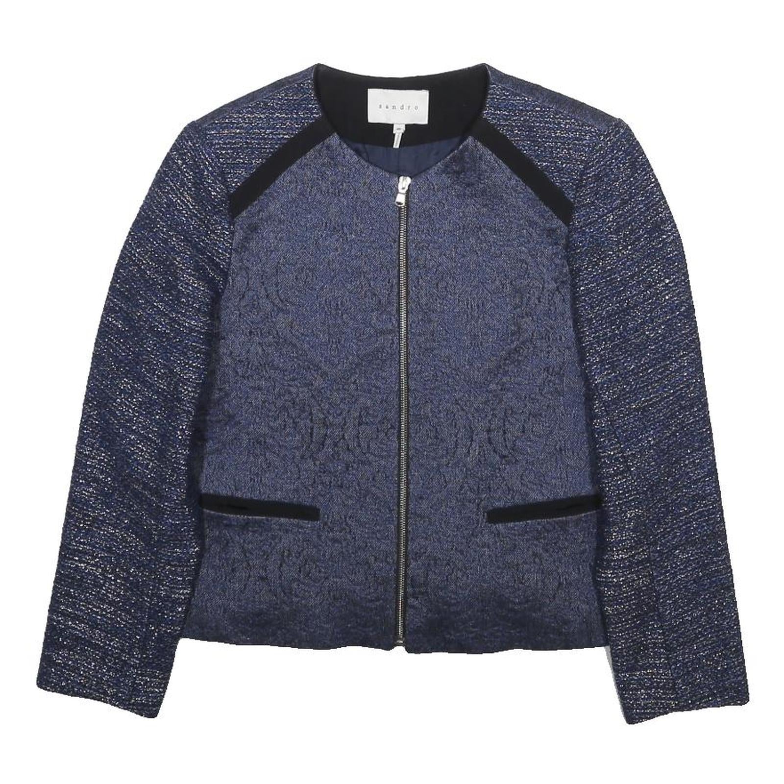 SANDRO Womens Blue Wool Blend Zip Jacket S Jacquard Pattern Elegant Style