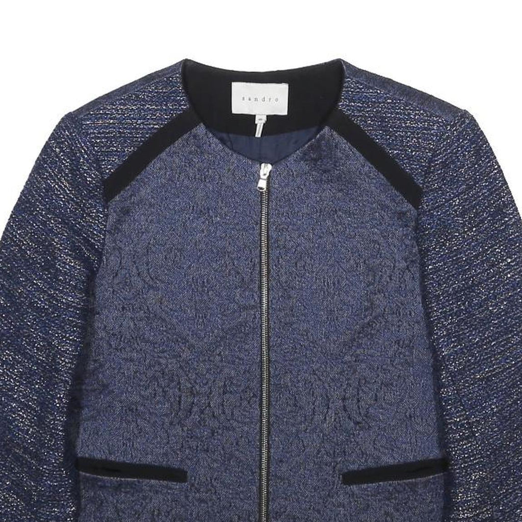 SANDRO Womens Blue Wool Blend Zip Jacket S Jacquard Pattern Elegant Style