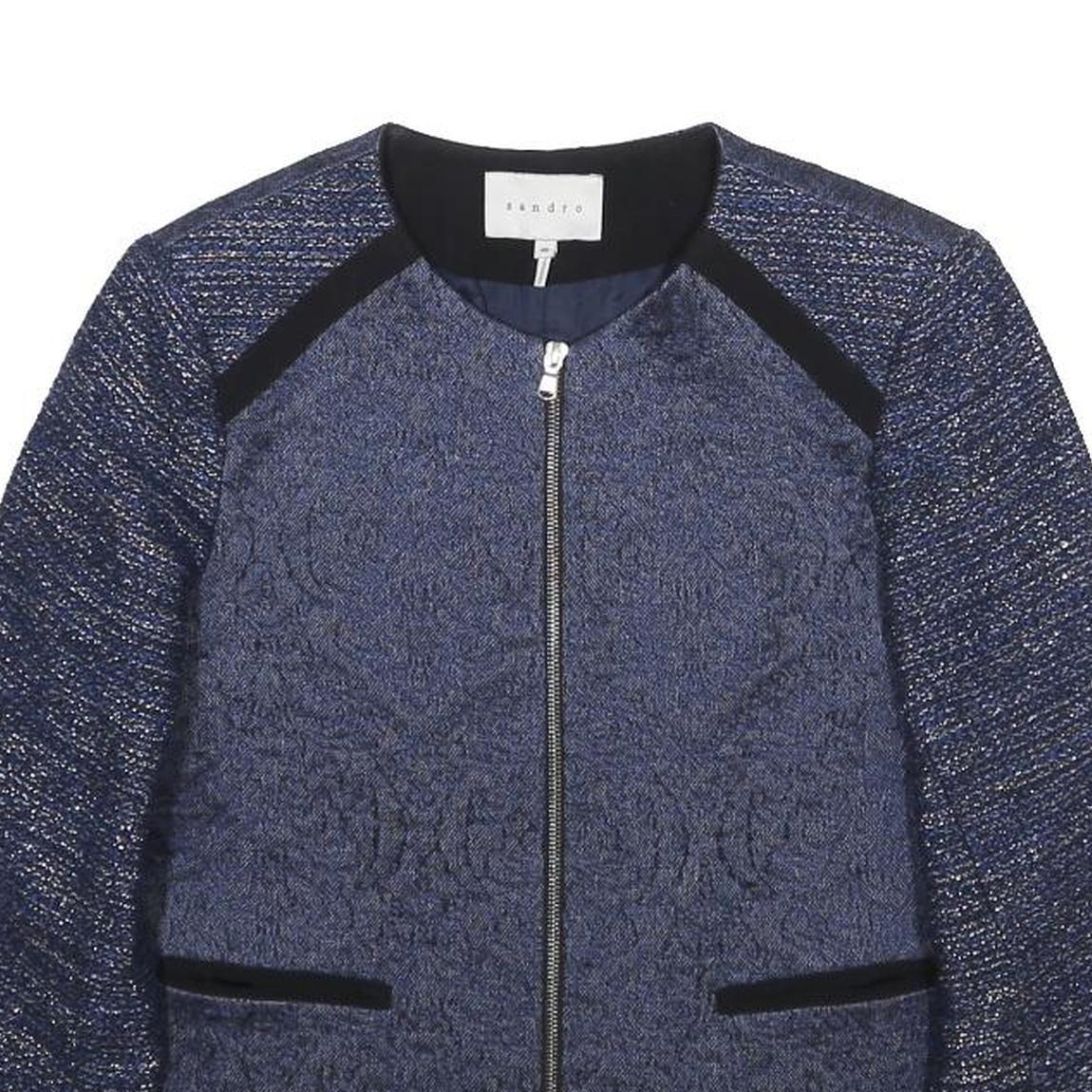 SANDRO Womens Blue Wool Blend Zip Jacket S Jacquard Pattern Elegant Style