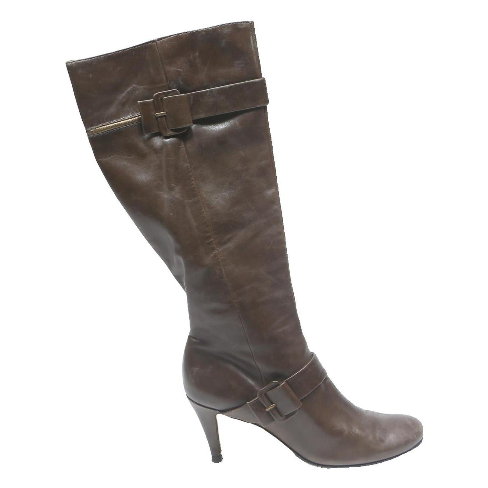 KENNETH COLE Womens Brown Leather Knee High Boots UK 7 Elegant Buckle Design