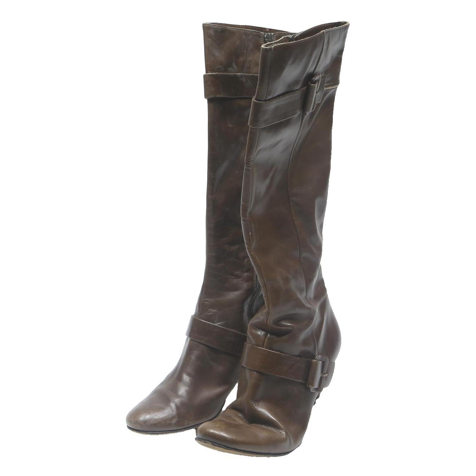 KENNETH COLE Womens Brown Leather Knee High Boots UK 7 Elegant Buckle Design