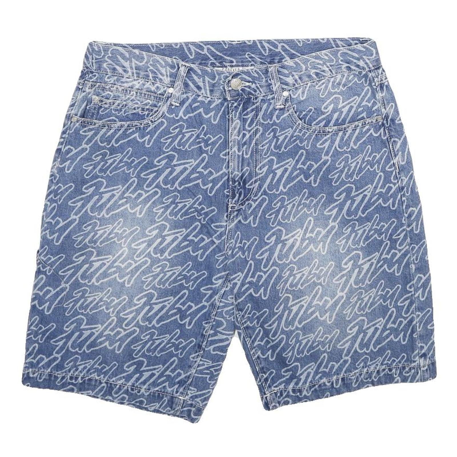 FUBU Mens Shorts Blue Casual Denim M W32 Branded Print Relaxed Fit