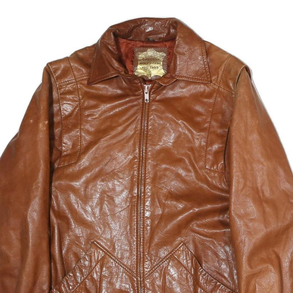 Womens Brown Leather Zip Jacket M Woven Genuine Soft Casual Classic Outerwear