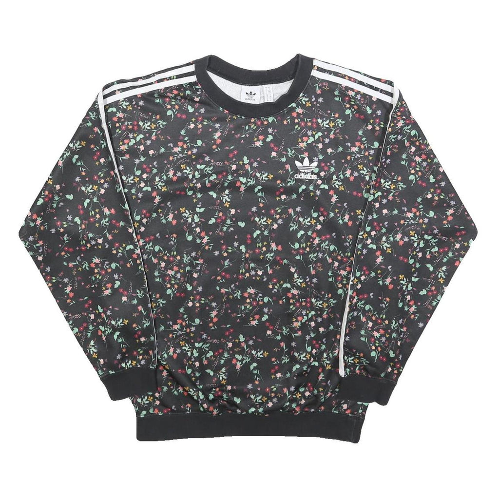 ADIDAS Womens Black Floral Print Crew Neck UK 10 Sweatshirt 3-Stripes