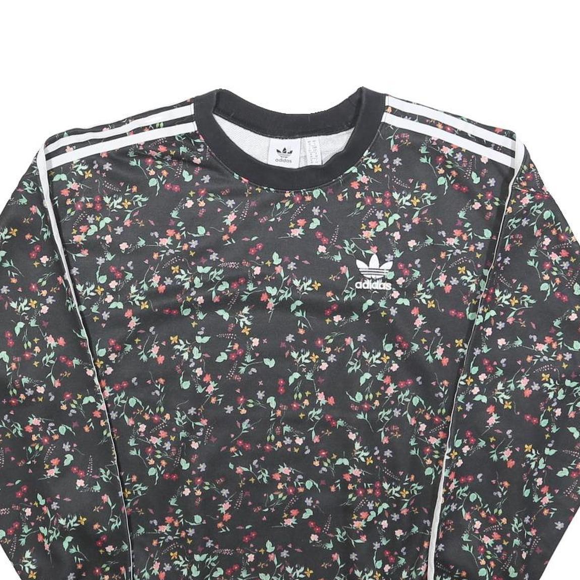 ADIDAS Womens Black Floral Print Crew Neck UK 10 Sweatshirt 3-Stripes