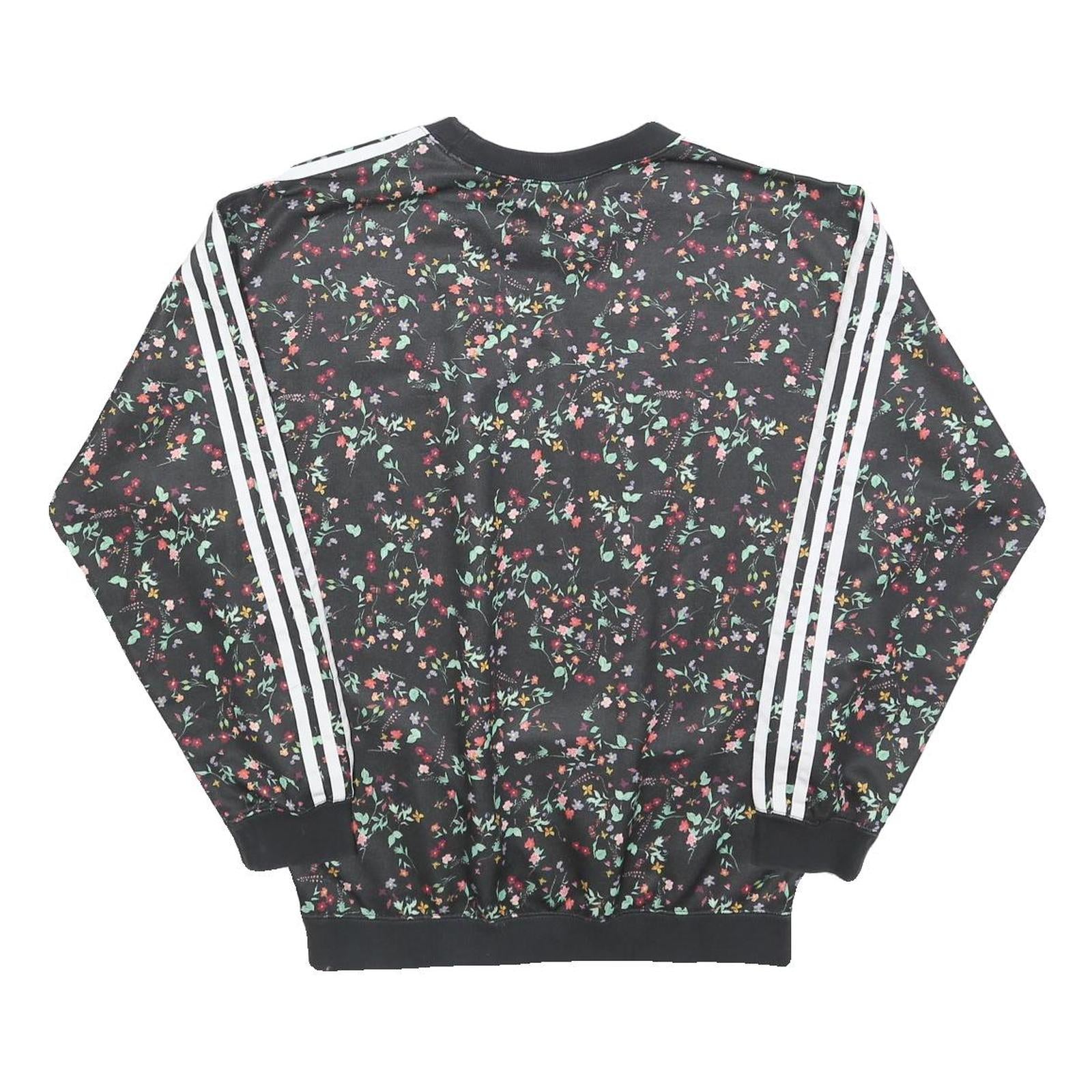 ADIDAS Womens Black Floral Print Crew Neck UK 10 Sweatshirt 3-Stripes