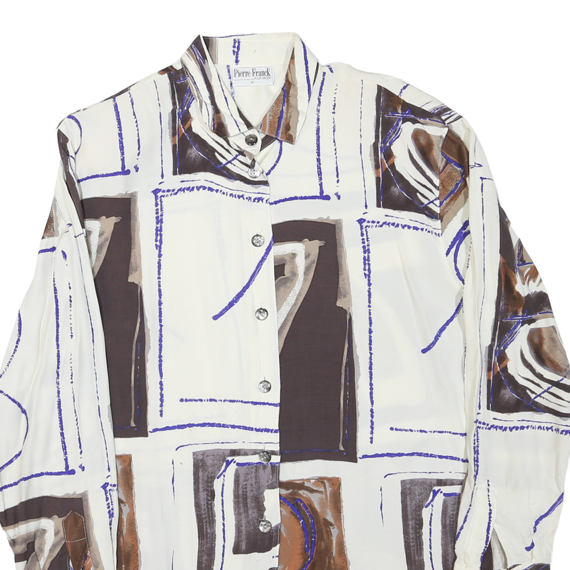 PIERRE FRANCK Womens Cream & Brown Abstract Print Shirt XL Unique Geometric