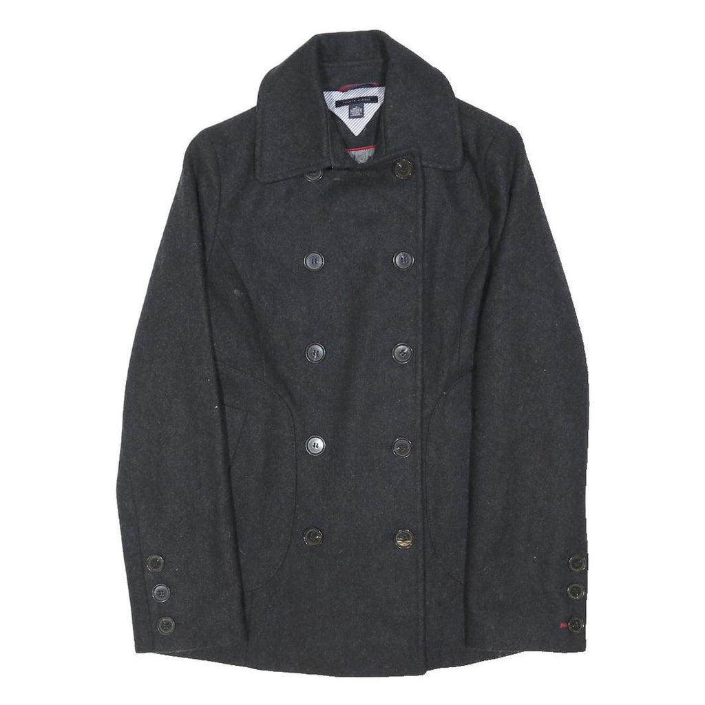 TOMMY HILFIGER Womens Black Wool Double Breasted Pea Jacket S Woven Button