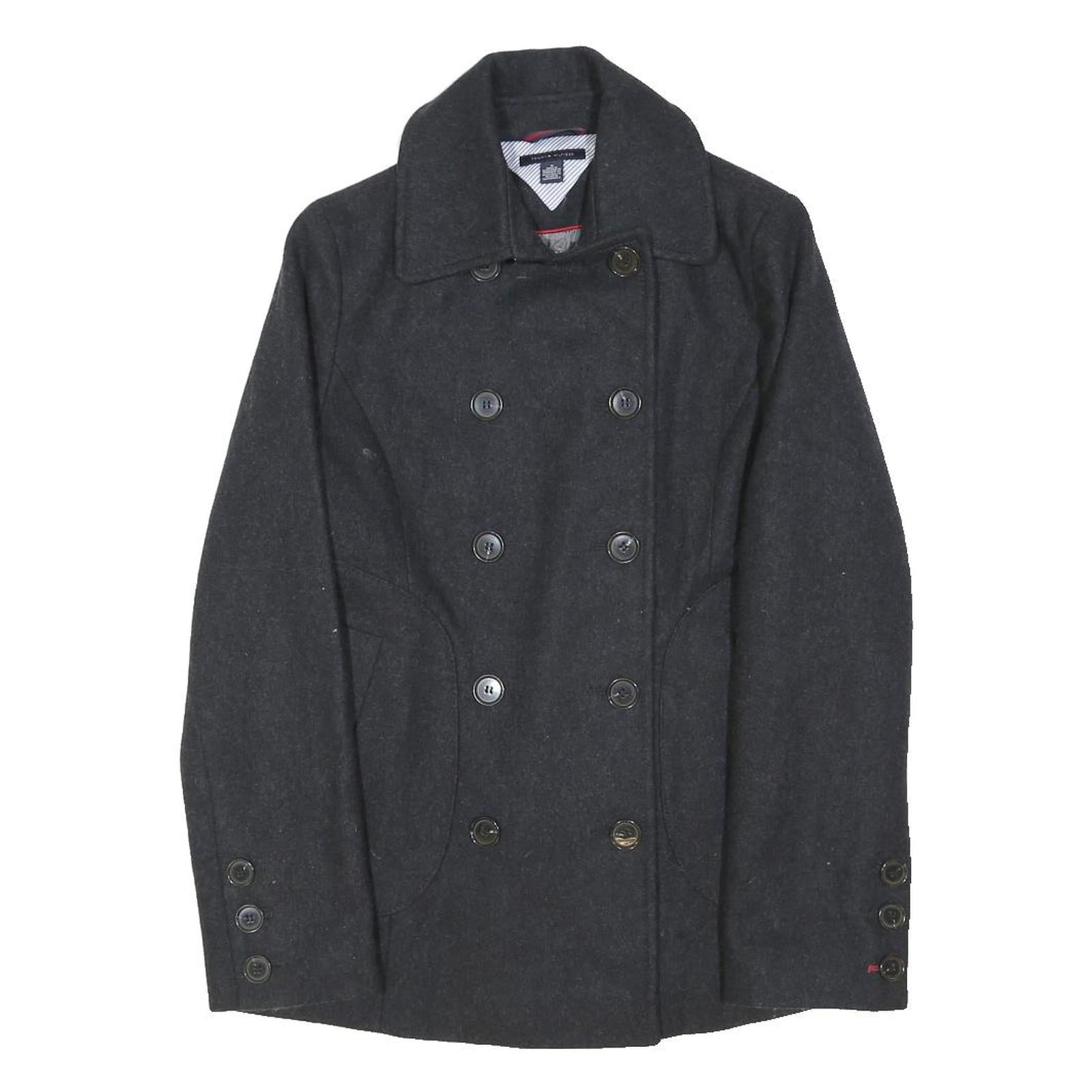 TOMMY HILFIGER Womens Black Wool Double Breasted Pea Jacket S Woven Button