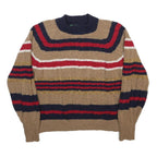 BENETTON Womens Beige & Red Striped Patterned Crew Neck Cable Knit M Jumper Wool