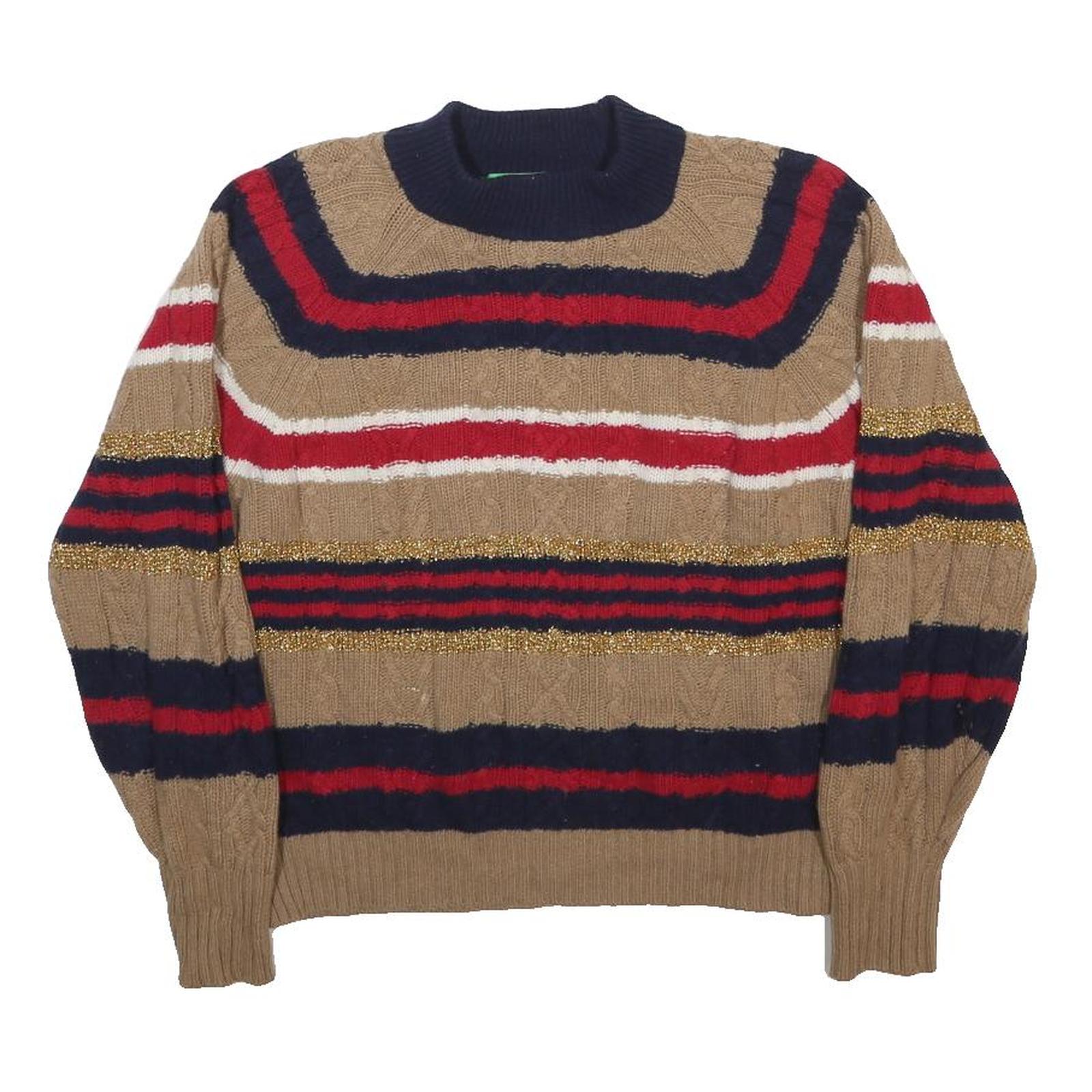 BENETTON Womens Beige & Red Striped Patterned Crew Neck Cable Knit M Jumper Wool