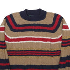 BENETTON Womens Beige & Red Striped Patterned Crew Neck Cable Knit M Jumper Wool