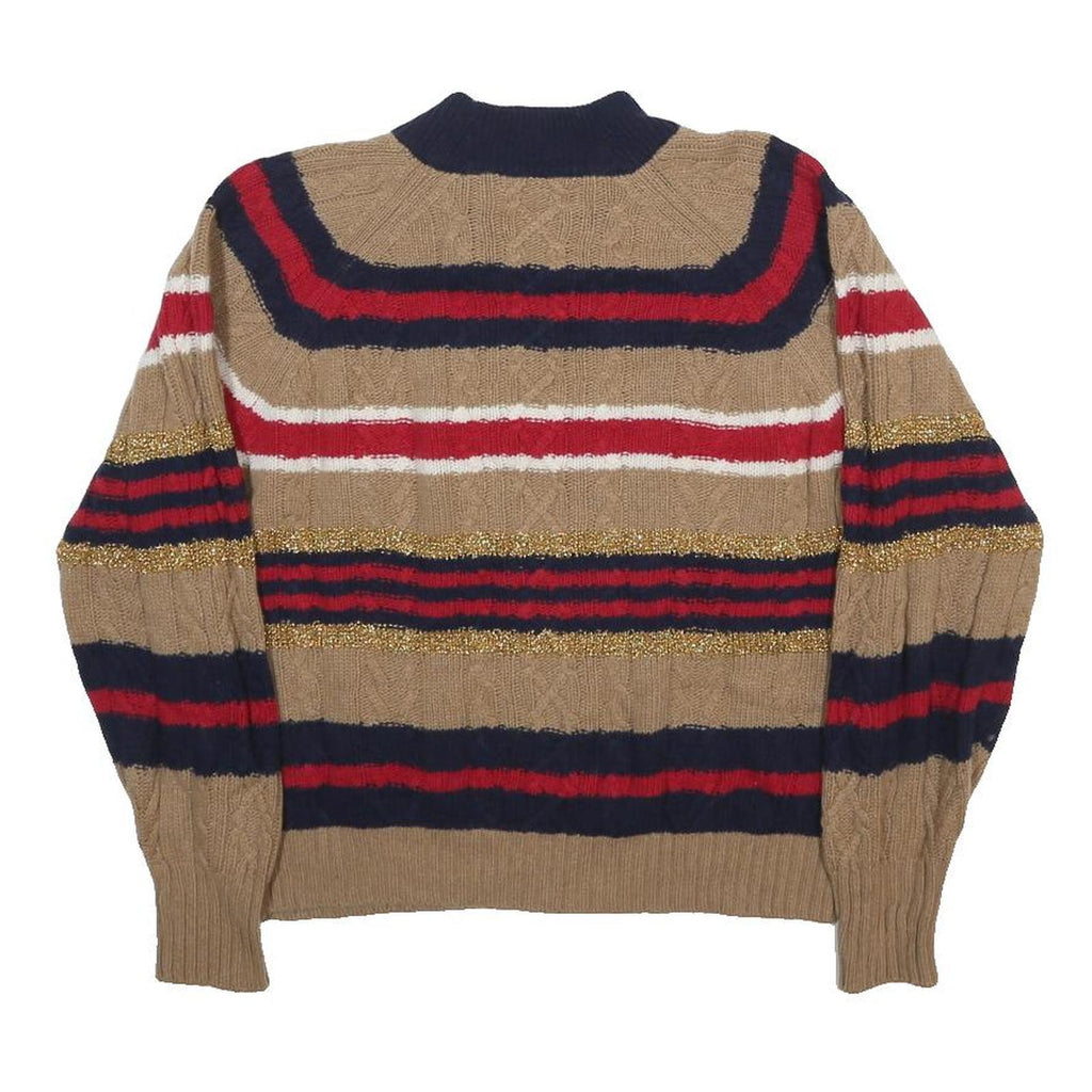 BENETTON Womens Beige & Red Striped Patterned Crew Neck Cable Knit M Jumper Wool