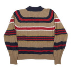 BENETTON Womens Beige & Red Striped Patterned Crew Neck Cable Knit M Jumper Wool