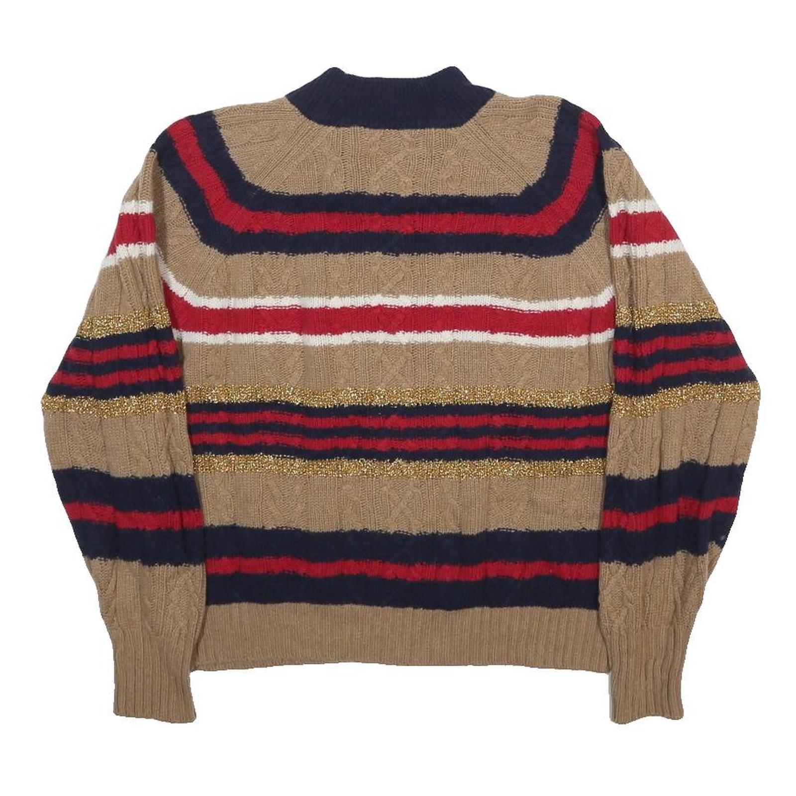 BENETTON Womens Beige & Red Striped Patterned Crew Neck Cable Knit M Jumper Wool