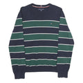 TOMMY HILFIGER Mens Navy & Green Striped Pattern Plain Crew Neck Jumper L Cotton