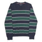 TOMMY HILFIGER Mens Navy & Green Striped Pattern Plain Crew Neck Jumper L Cotton