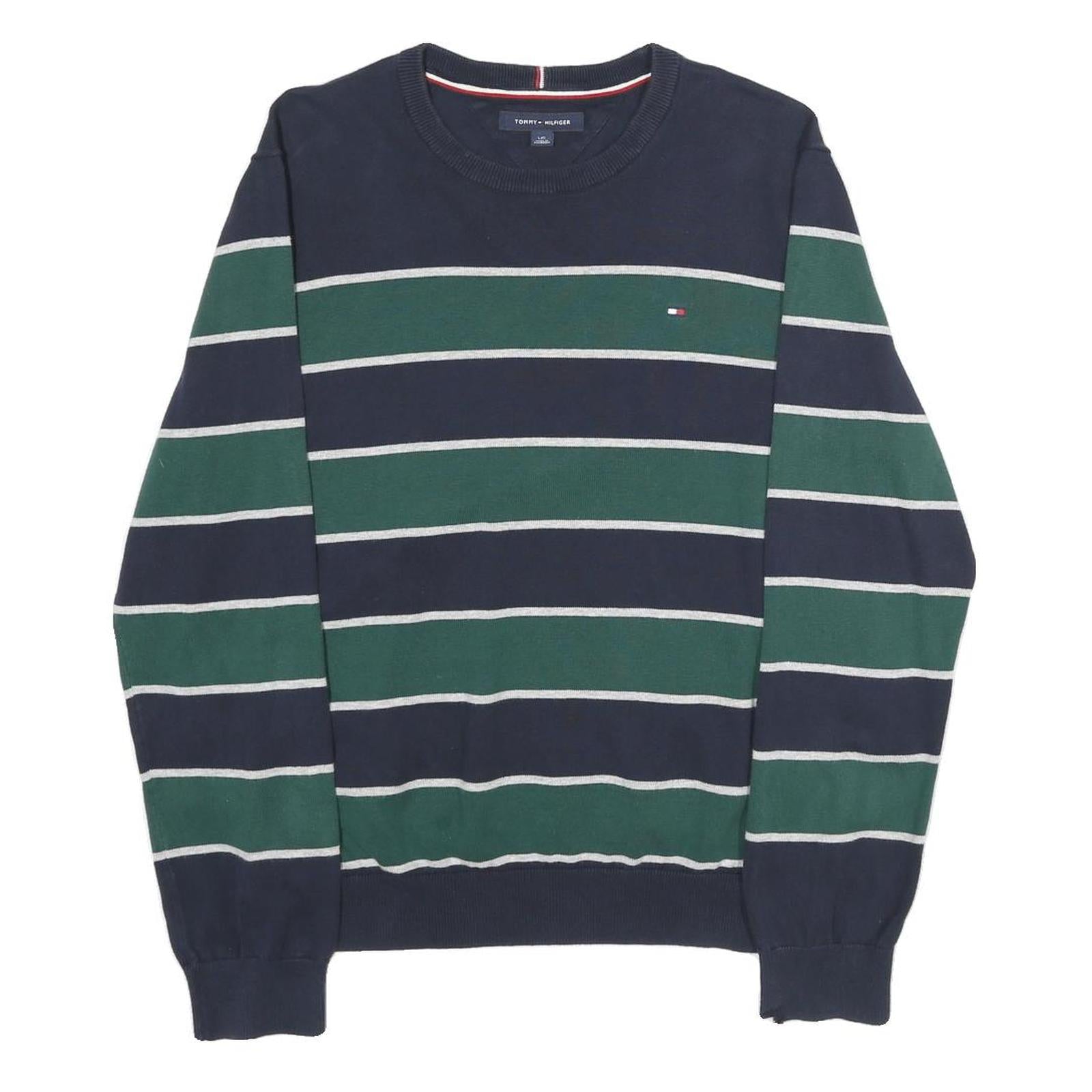 TOMMY HILFIGER Mens Navy & Green Striped Pattern Plain Crew Neck Jumper L Cotton