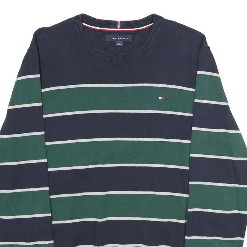 TOMMY HILFIGER Mens Navy & Green Striped Pattern Plain Crew Neck Jumper L Cotton